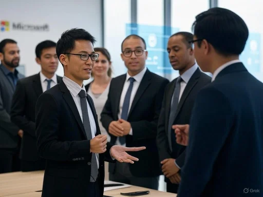 A diverse group of professionals in suits engaged in a serious discussion in a modern office setting.