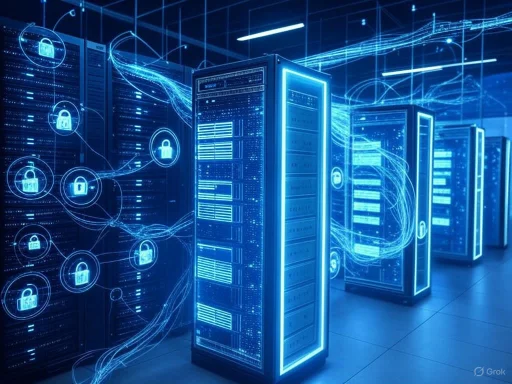 Data servers connected via digital security lines in a high-tech data center. Data servers connected via digital security lines in a high-tech data center.