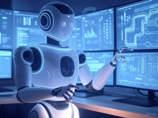 A humanoid robot interacts with multiple data screens in a high-tech environment. A humanoid robot interacts with multiple data screens in a high-tech environment.