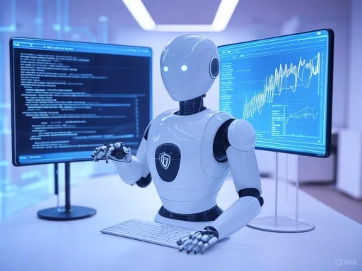 A humanoid robot working at a desk with dual computer monitors displaying code and data graphs. A humanoid robot working at a desk with dual computer monitors displaying code and data graphs.