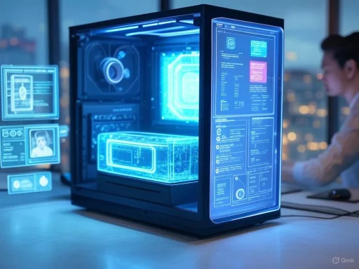A high-tech, futuristic computer with holographic digital displays in a dark room.