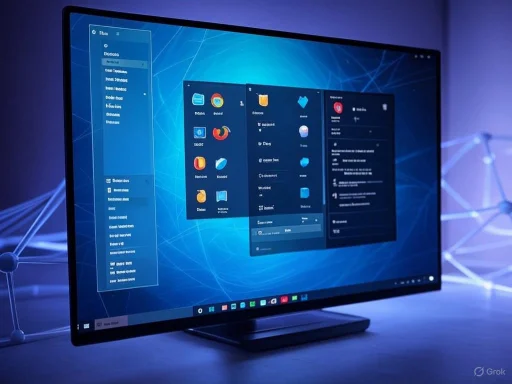 A large monitor displays a desktop interface with multiple application windows open in a cool blue-lit room.