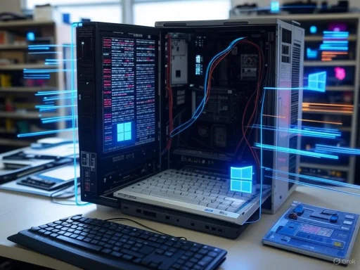 A computer with a transparent case displaying internal components and digital holographic effects in a high-tech workspace.