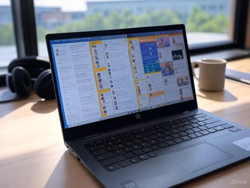 A laptop displaying a social media feed, placed on a wooden desk with a coffee mug nearby, by a window.
