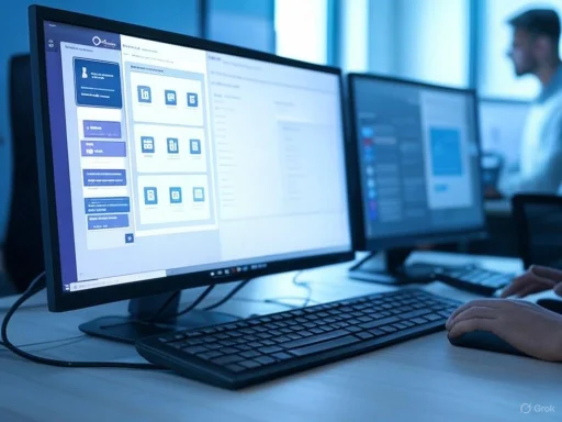 A person working on dual monitors displaying a website or application interface in an office setting.