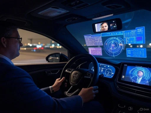 A man drives a futuristic car with multiple digital screens, including a mirror display showing his face at night.