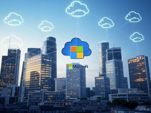 Cityscape with cloud icons connected to a central Microsoft cloud logo, symbolizing cloud computing and technology.