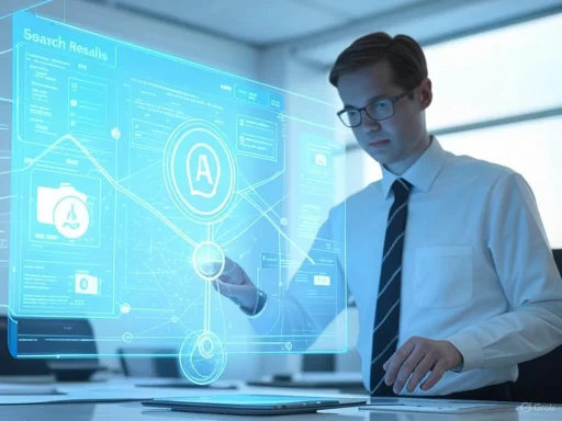 A man in business attire interacts with a futuristic holographic AI interface displaying search results and data analytics.