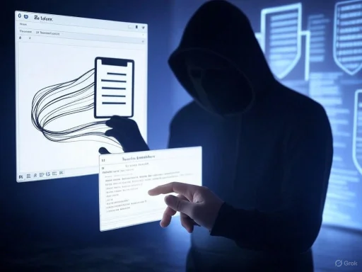 A hooded figure interacts with digital documents and data visuals, suggesting hacking or cybercrime activity.