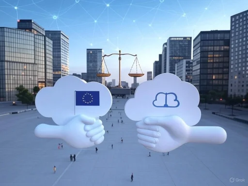 Illustration of data sharing and regulation between the EU and cloud services, with cityscape background.