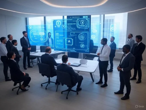 Business people in a modern office room watch a presentation on a large digital screen showing futuristic tech interfaces. Business people in a modern office room watch a presentation on a large digital screen showing futuristic tech interfaces.