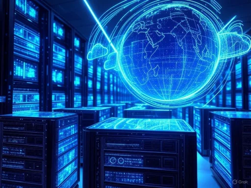 A futuristic data center with holographic globe and cloud icons, surrounded by server racks glowing with digital blue lights.