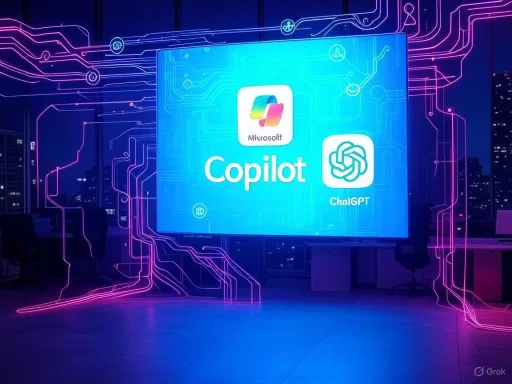 A digital display in a high-tech office shows logos for Miurosolit, Copilot, and ChatGPT surrounded by neon circuit-like lights. A digital display in a high-tech office shows logos for Miurosolit, Copilot, and ChatGPT surrounded by neon circuit-like lights.