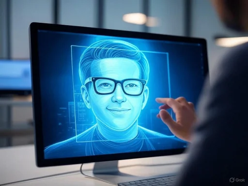 A person interacts with a digital facial recognition display on a computer screen in a modern office.