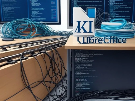 A cluttered workspace with tangled cables, computer screens, and a 'K1 LibreOffice' sign.