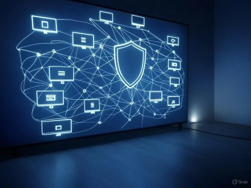 A digital cybersecurity shield surrounded by interconnected computer screens on a dark, high-tech display. A digital cybersecurity shield surrounded by interconnected computer screens on a dark, high-tech display.