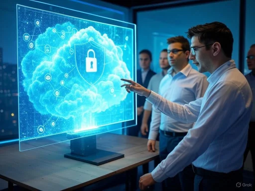 A group of professionals examines a digital cloud security display on a holographic screen.