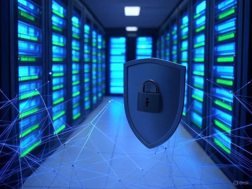 A digital security shield with a lock symbol floats in a server room filled with racks of illuminated blue and green servers.