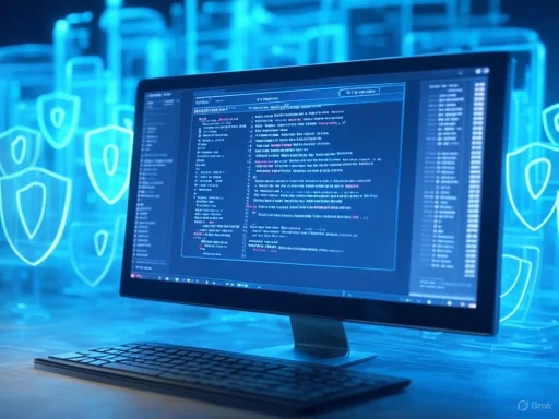 A computer screen displays coding or cybersecurity data, surrounded by illuminated shields symbolizing protection. A computer screen displays coding or cybersecurity data, surrounded by illuminated shields symbolizing protection.