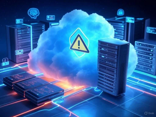 Cloud computing servers with warning signs indicating potential cybersecurity threats or system alerts.