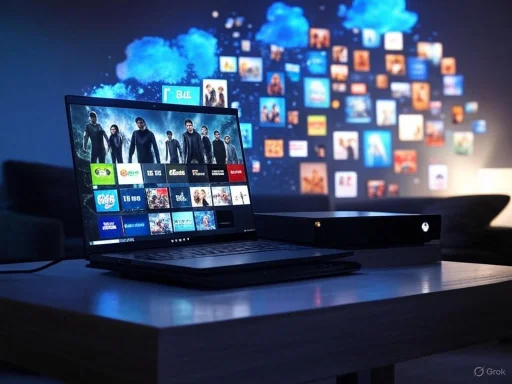 A gaming setup with a laptop and console displaying a streaming platform, with a wall of colorful app icons in the background.