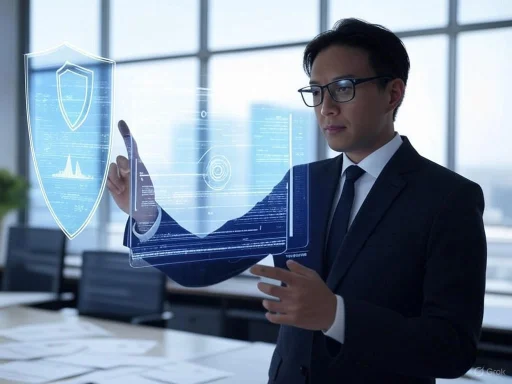 A man in a suit interacts with a transparent digital shield and data holograms in a modern office setting.