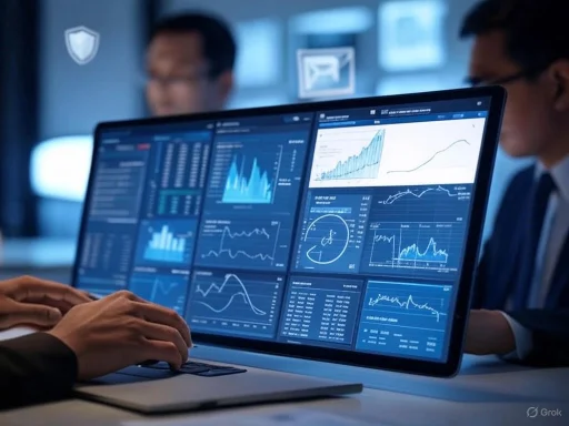Business professionals analyzing financial data on dual computer screens in a modern office.
