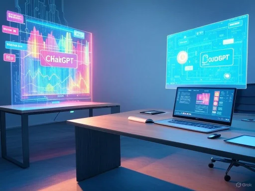 Futuristic office with holographic displays titled 'ChakGPT' and 'DownGPT' projecting data over a laptop and desk.