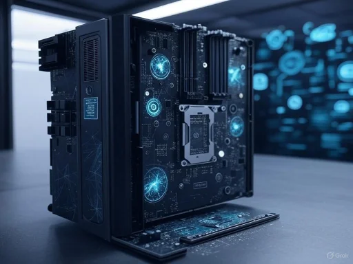 A computer server with illuminated digital holographic-like graphics on its circuit board, emphasizing advanced technology.