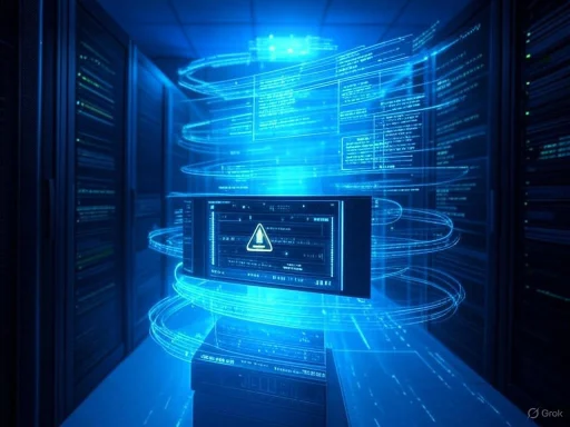 A warning message appears on a computer screen within a data center filled with servers and digital data streams.