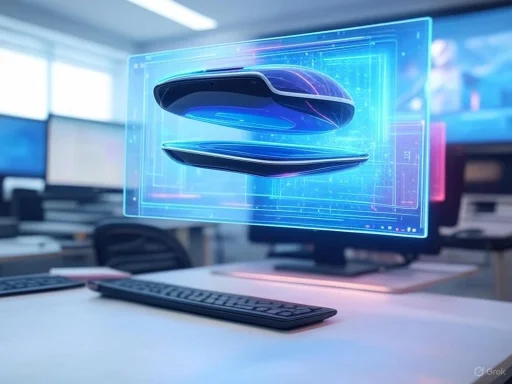A digital hologram of a futuristic car model displayed on a computer screen in an office setting.