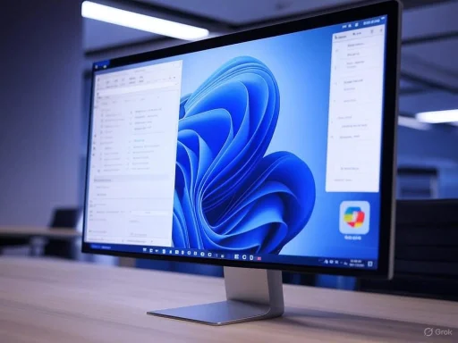 A computer monitor displaying a blue abstract wallpaper with open application windows on a desk in an office setting.