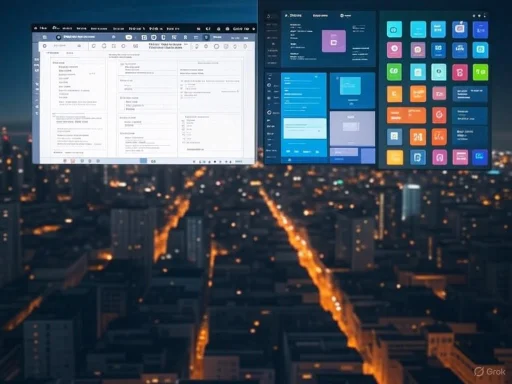 Three digital screens display organizational tools over a cityscape at night.
