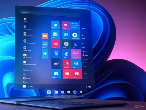 A laptop displaying the Windows 11 Start menu against a colorful, abstract background with blue and pink hues.