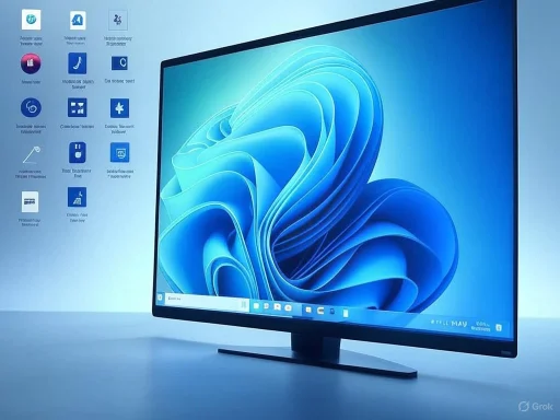 A modern widescreen monitor displaying Windows 11 desktop with icons and a swirling blue abstract background.