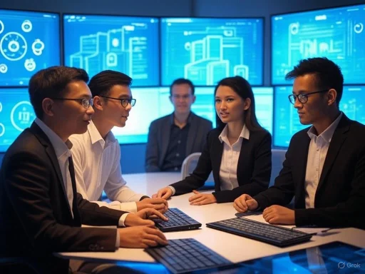 A diverse group of professionals collaborates in a high-tech control room with multiple digital screens displaying data and analytics.