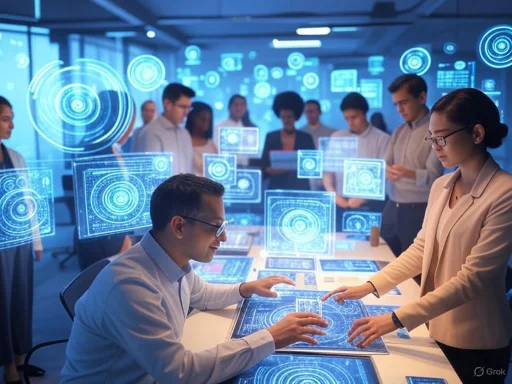 A team of professionals collaborates around a high-tech digital interface with holographic screens and futuristic data visualizations.