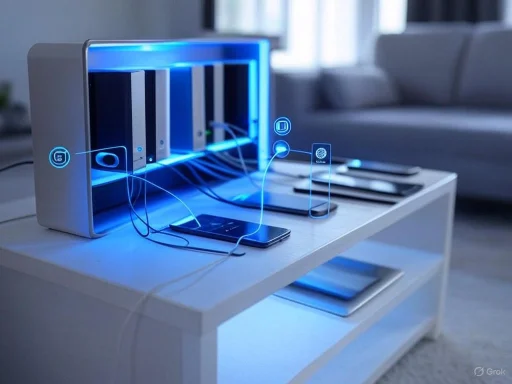A futuristic wireless charging station with multiple devices charging simultaneously on a white table indoors.