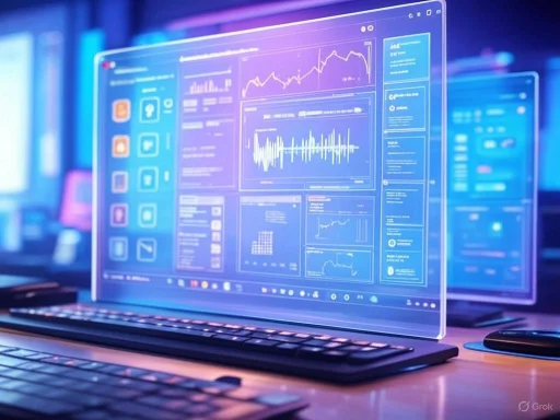 A computer screen displays complex data analytics and graphs in a high-tech office environment.