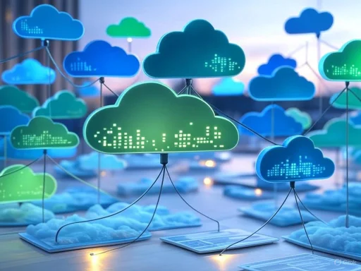 Illuminated cloud-shaped digital displays representing cloud computing technology, connected with wires on clouds.