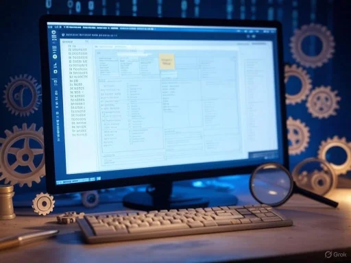 A computer monitor displays a spreadsheet with gears in the background, suggesting a technical or engineering workspace.