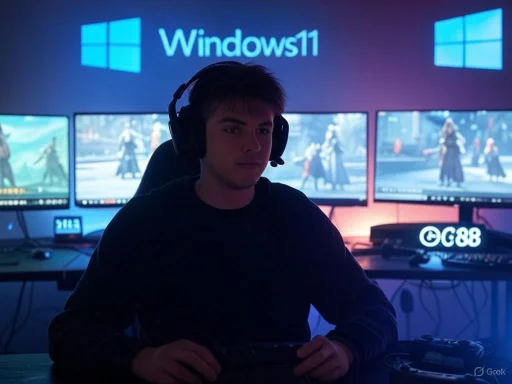 Young man with headphones gaming in a dimly lit room with multiple monitors, Windows 11 logo visible in background.
