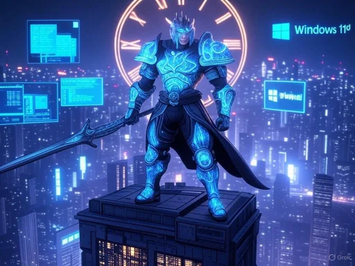 A futuristic, glowing armored warrior on a skyscraper overlooking a digital cityscape with Windows 11 logos and floating screens.