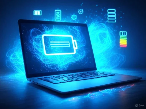 A laptop with glowing battery icons and energy symbols, indicating charging or power status, surrounded by digital effects. A laptop with glowing battery icons and energy symbols, indicating charging or power status, surrounded by digital effects.