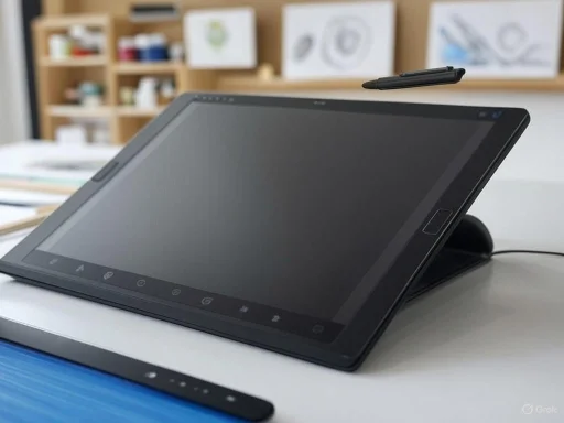 A digital drawing tablet with a stylus, placed on a desk with a blurred background of art supplies and sketches.