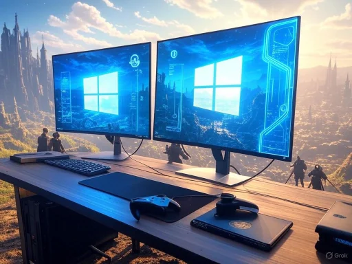 Futuristic gaming setup with dual monitors displaying Windows logo against a fantasy landscape background.