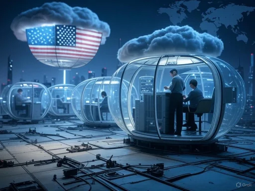 Futuristic office pods with people working, featuring clouds with American flags and a world map in the background.