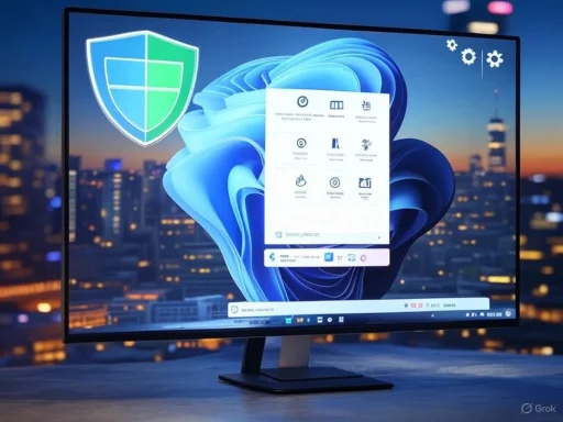 A computer monitor displays Windows 11 user interface against a cityscape skyline at dusk.