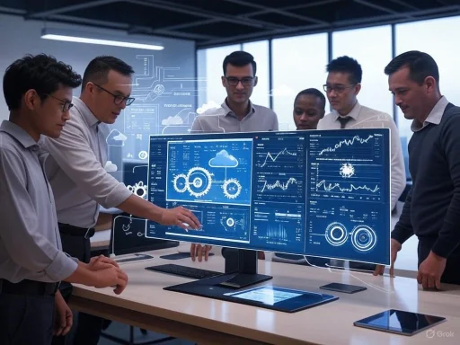 Team of professionals analyzing digital data and graphs on futuristic transparent screens in a modern office.