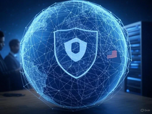 A digital globe with security shield and network lines, symbolizing global cybersecurity and data protection.